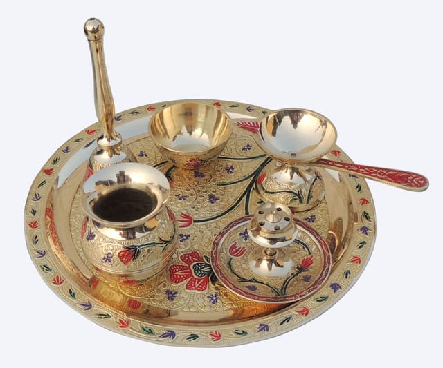 Brass Puja Thali Set With Valvet Box (B297 C)