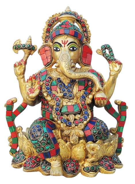 Brass Showpiece Ganesh Stone God Idol Statue - 7.5*6.5*9.5 Inch (BS1630 D)