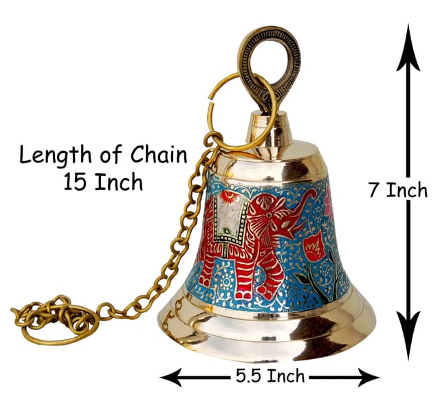 Brass Hanging Temple Pooja Bell, Bell Blue Color - 5.5*5.5*7 inch (F513 B)