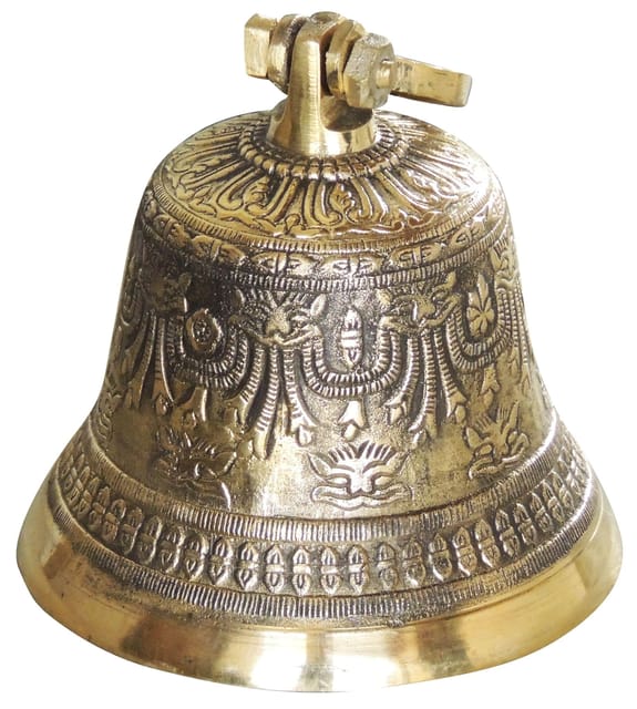 Brass Hanging Temple Pooja Bell, Ghanta Embose - 6*6*8.5 inch (Z221 E)