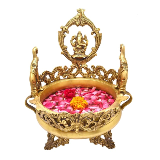Brass Urli With Decorative Design & Lord Ganesh - 8*8*12.5 inch (BS1147 A)