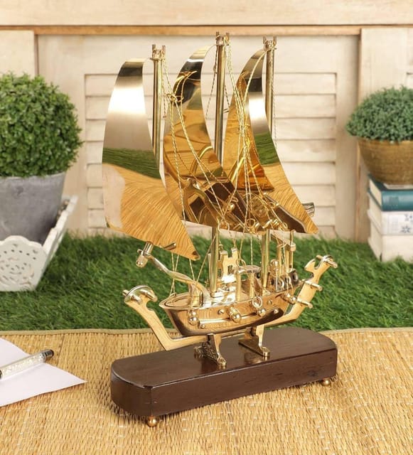 Brass Table Decor Showpiece Ship With Wooden Base - 9*3*11.8 inch (MR129 A)