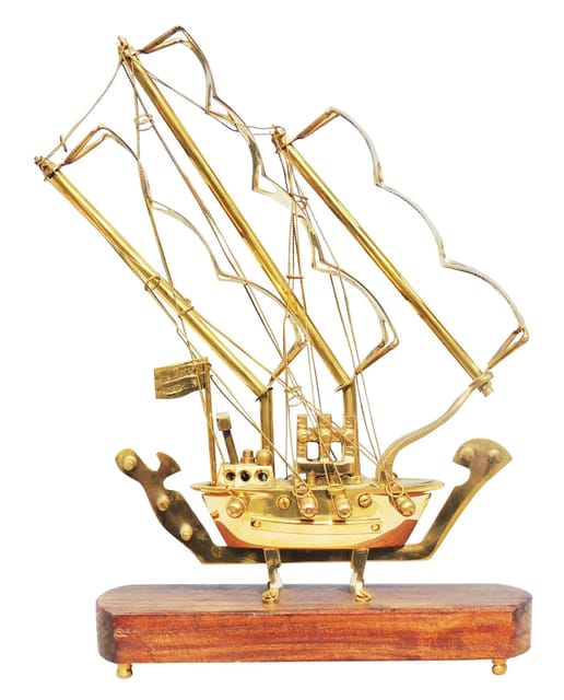 Brass Table Decor Showpiece Ship With Wooden Base - 8.3*2.5*12 inch (MR128 A)