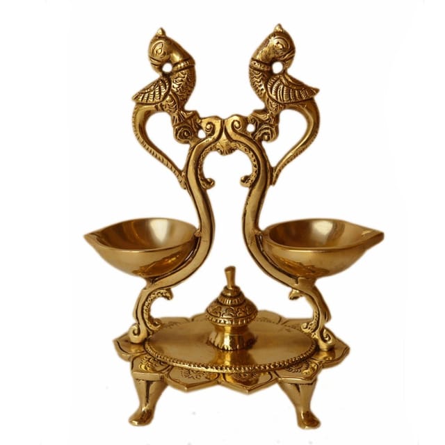 Brass Peacock Diya Jyoti Deepak Oil Lamp 2 Wicks  - 5.6*3.2*7.2 inch (BS1159 A)