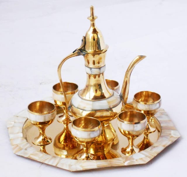Brass Wine Set With Seep Work 6 Glass 1 Surahi 1 Tray Miniature Toy For Children Playing - 7.5*7.5*N/A inch (Z363 D)