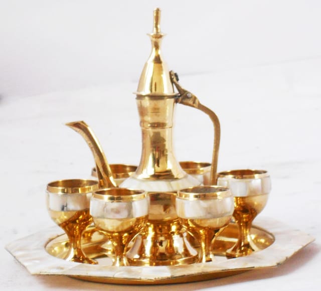 Brass Wine Set With Seep Work 6 Glass 1 Surahi 1 Tray Miniature Toy For Children Playing - 6*6*N/A inch (Z363 C)