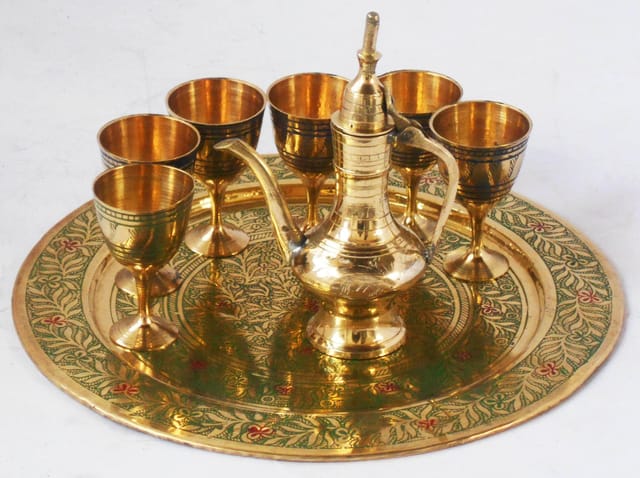 Brass Wine Set With Six Glass One Surahi MIniature Toy for Children Playing  - 9.5*9.5*0.5 inch (Z346 C)