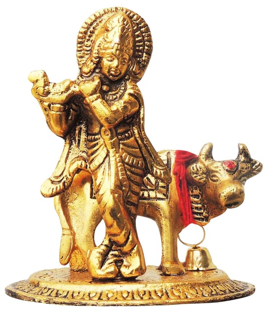 Aluminium Showpiece Cow Krishan Oval Base Statue - 3.3*2.2*3.7 Inch (AS260 G)